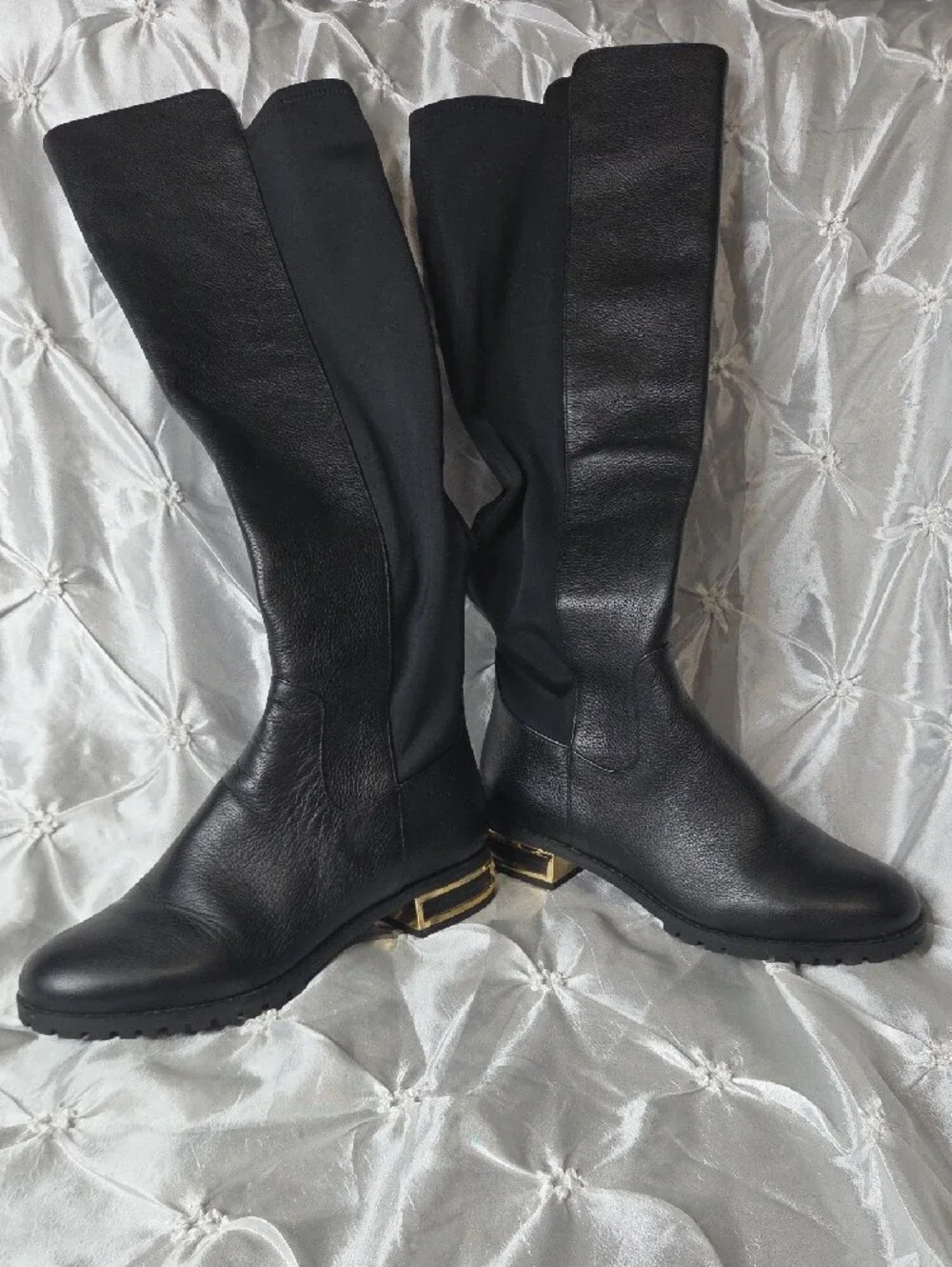 Michael Kors Black Over-the-Knee Leather Boots with Gold Heel Accent